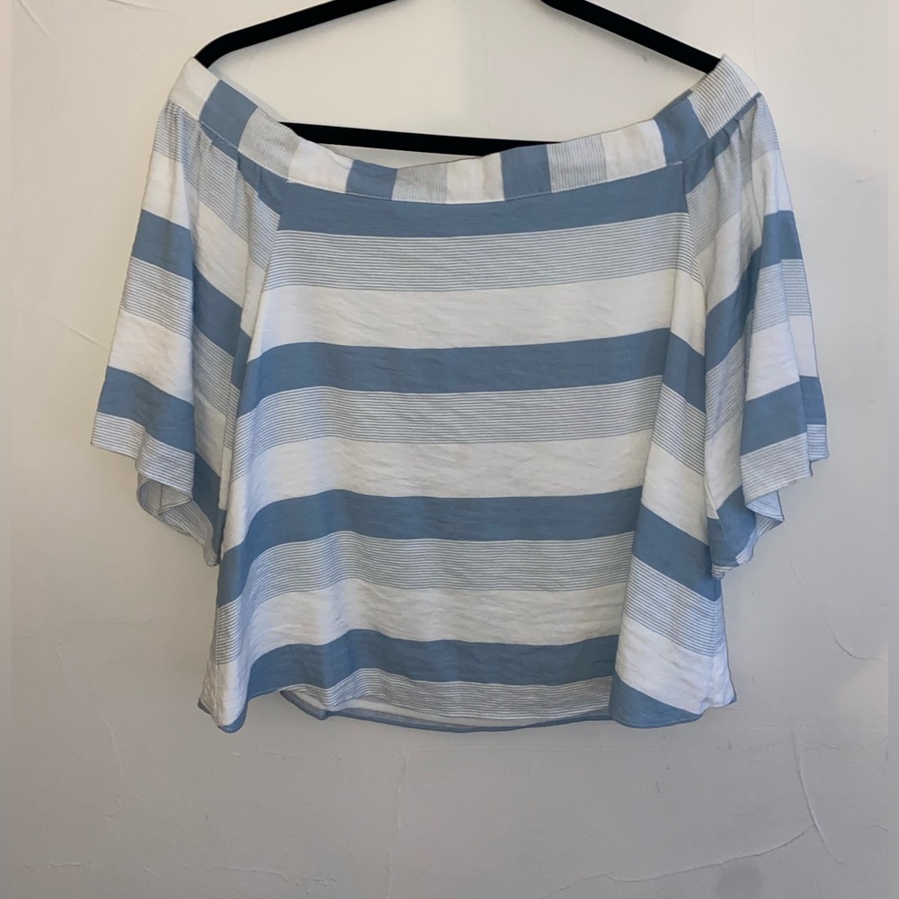 The Impeccable Pig Off the Shoulder Blue and White Striped Blouse